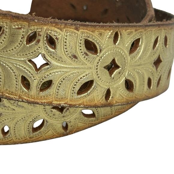 Fossil Distressed Laser Cut Tooled Gold Tone Belt Western Bling Festival Cowgirl - Picture 11 of 11
